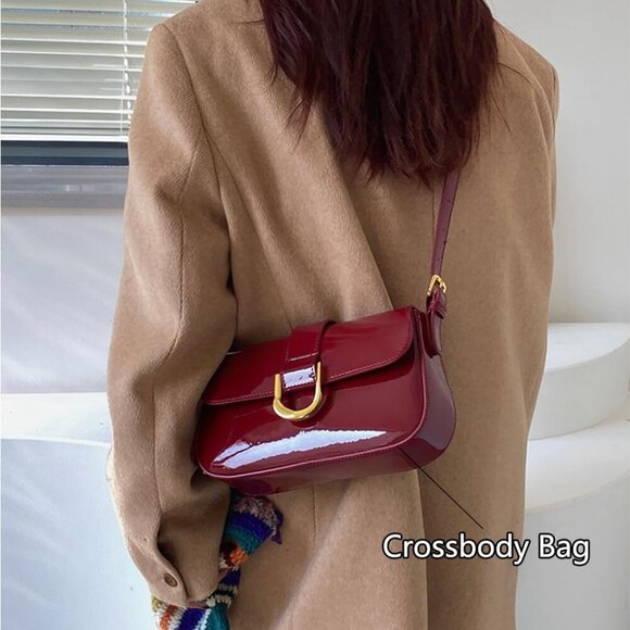 Trendy Small Red Patent Leather Hobo Crossbody Clutch for Women - Picture 4 of 6